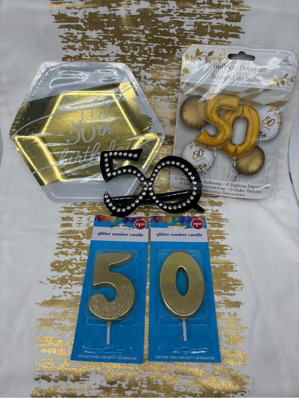 (40)Happy 50th Birthday Hexagon Plates w(6)Balloon Bouquet 12 Glasses, Candles